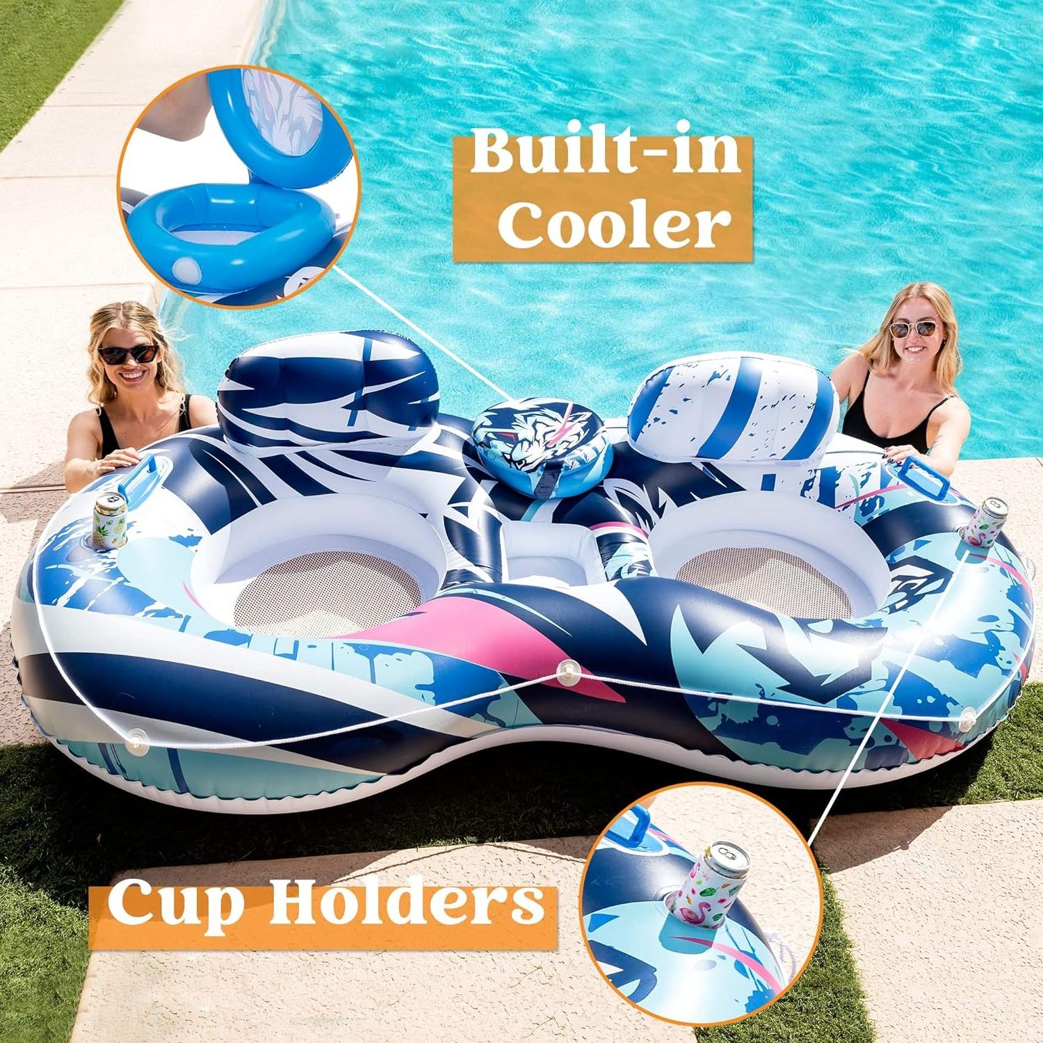 Inflatable Double River Lake Tube Sport Lounge with Cooler 2 Person Water Float Pool Tube for Outdoor Seasonal Merriment