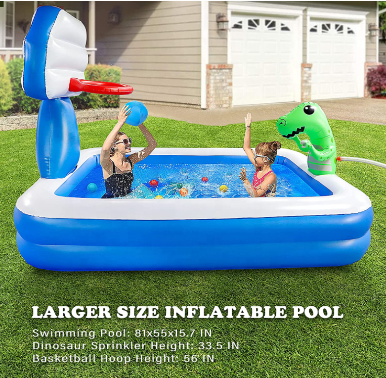 Inflatable Swimming Pool for Kids Blow Up Kiddie Lounge Pool with Basketball Hoop and Dinosaur Sprinkler Outdoor Water Toys