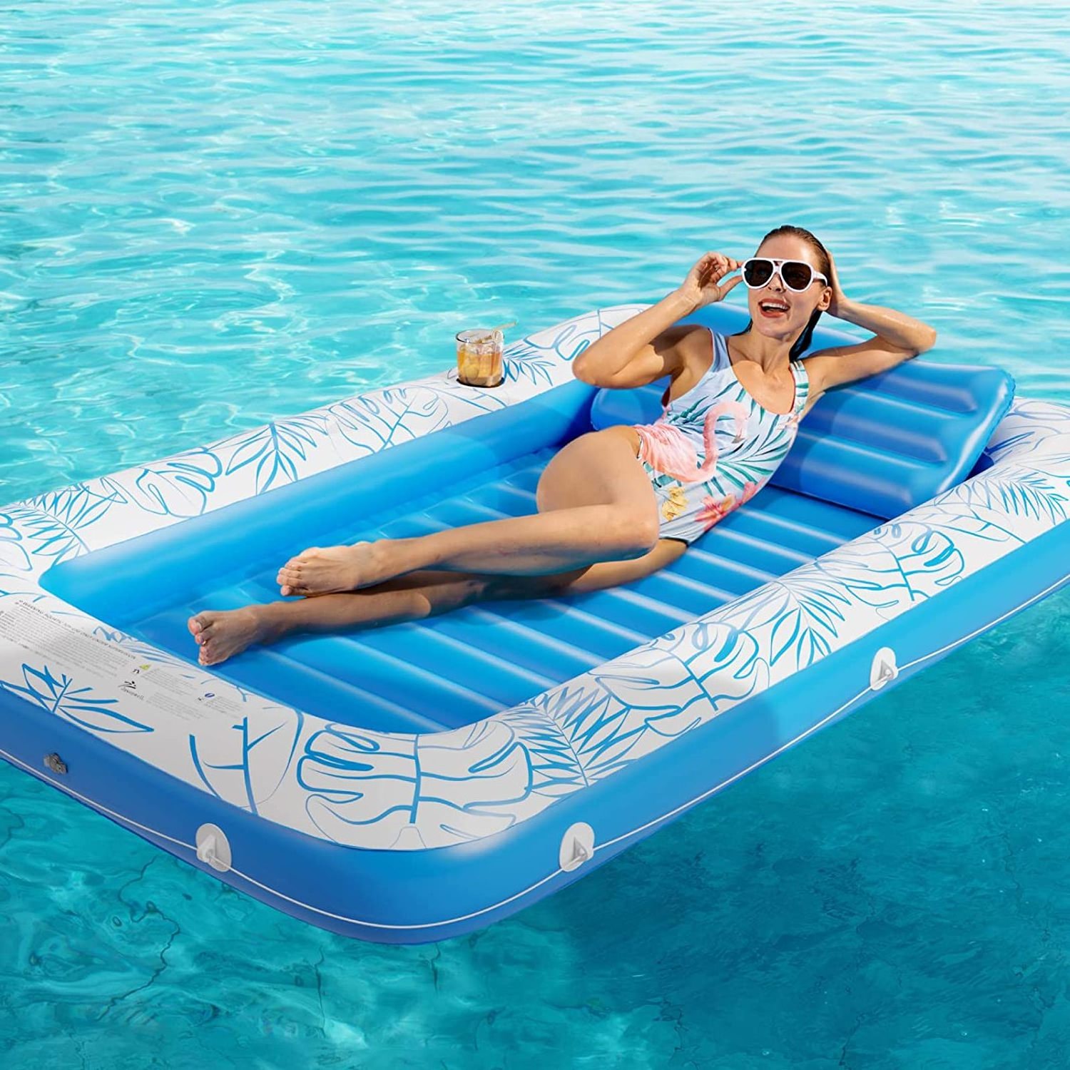 Inflatable Tanning Pool Lounger Float 4 in 1 Pool Lounge Raft Float Toys Water Filled Tanning Bed Mat Pad for Adult