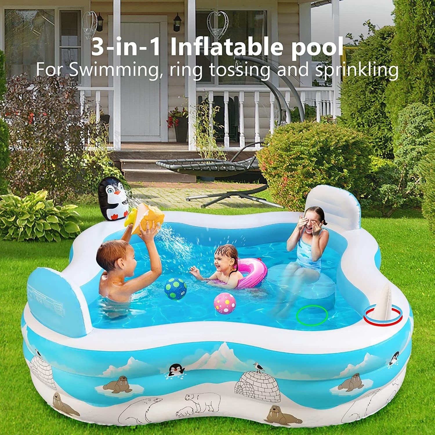 Penguin Sprinkler Backrests Toss Rings Inflatable Pool with Seats Ground Backyard Pool with Water Play Center Park for Kids