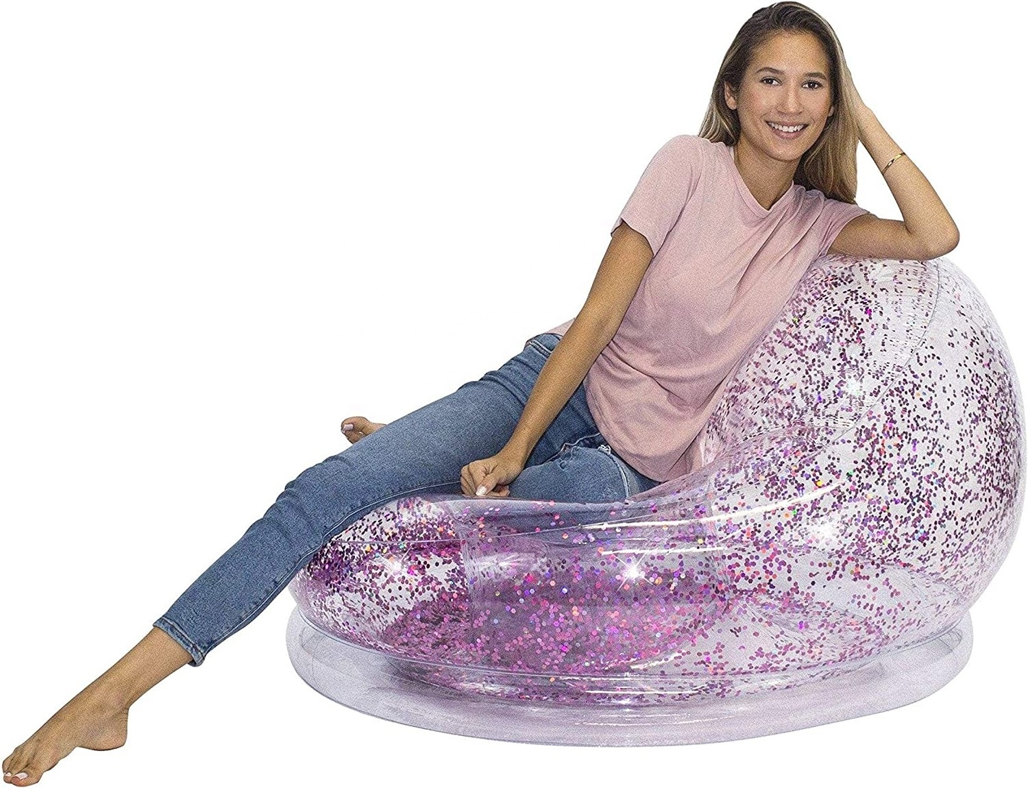 Pink Glitter Confetti Chairs Inflatable Lounge Chair for Kids Adults Comfortable & Portable Blow Up Chair Sofa for Bedroom