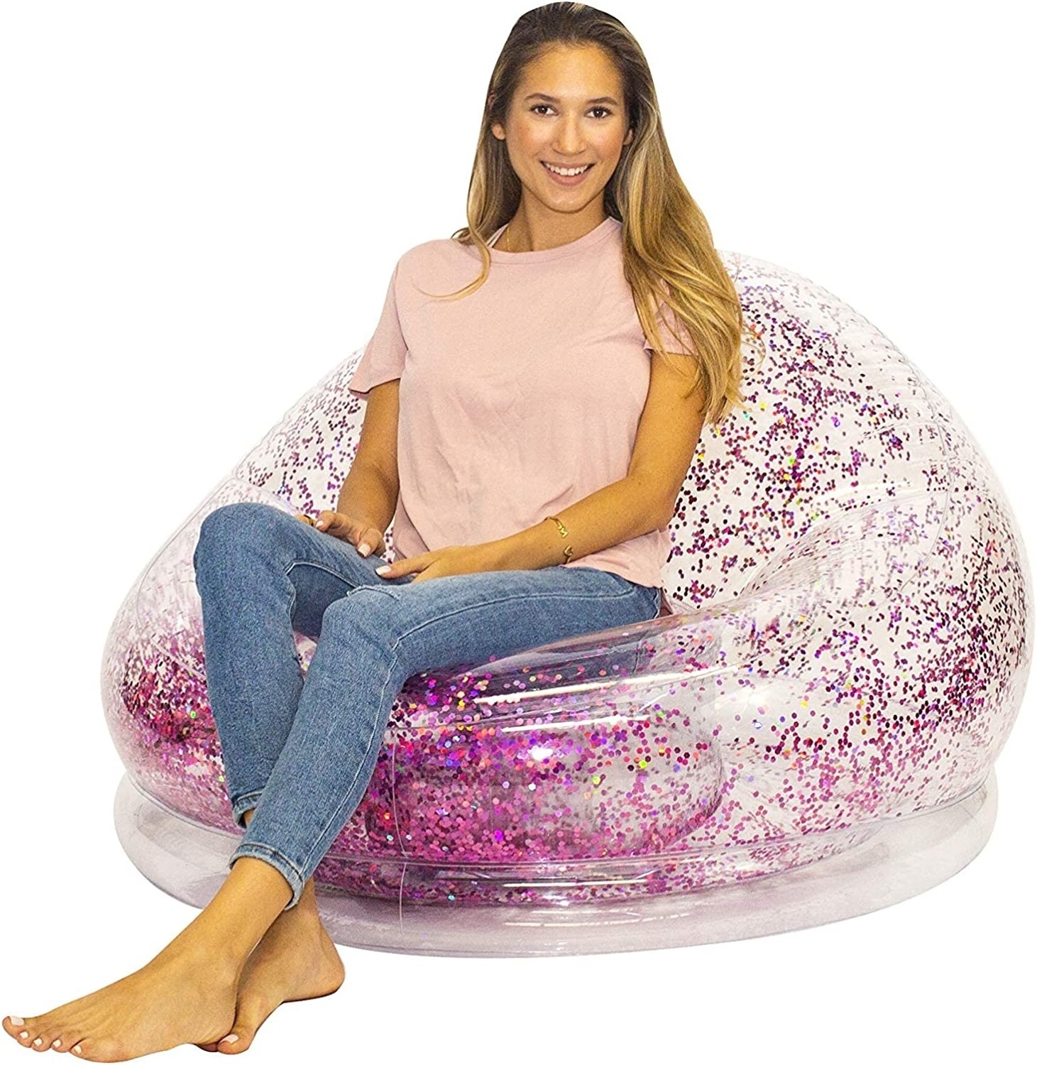 Pink Glitter Confetti Chairs Inflatable Lounge Chair for Kids Adults Comfortable & Portable Blow Up Chair Sofa for Bedroom