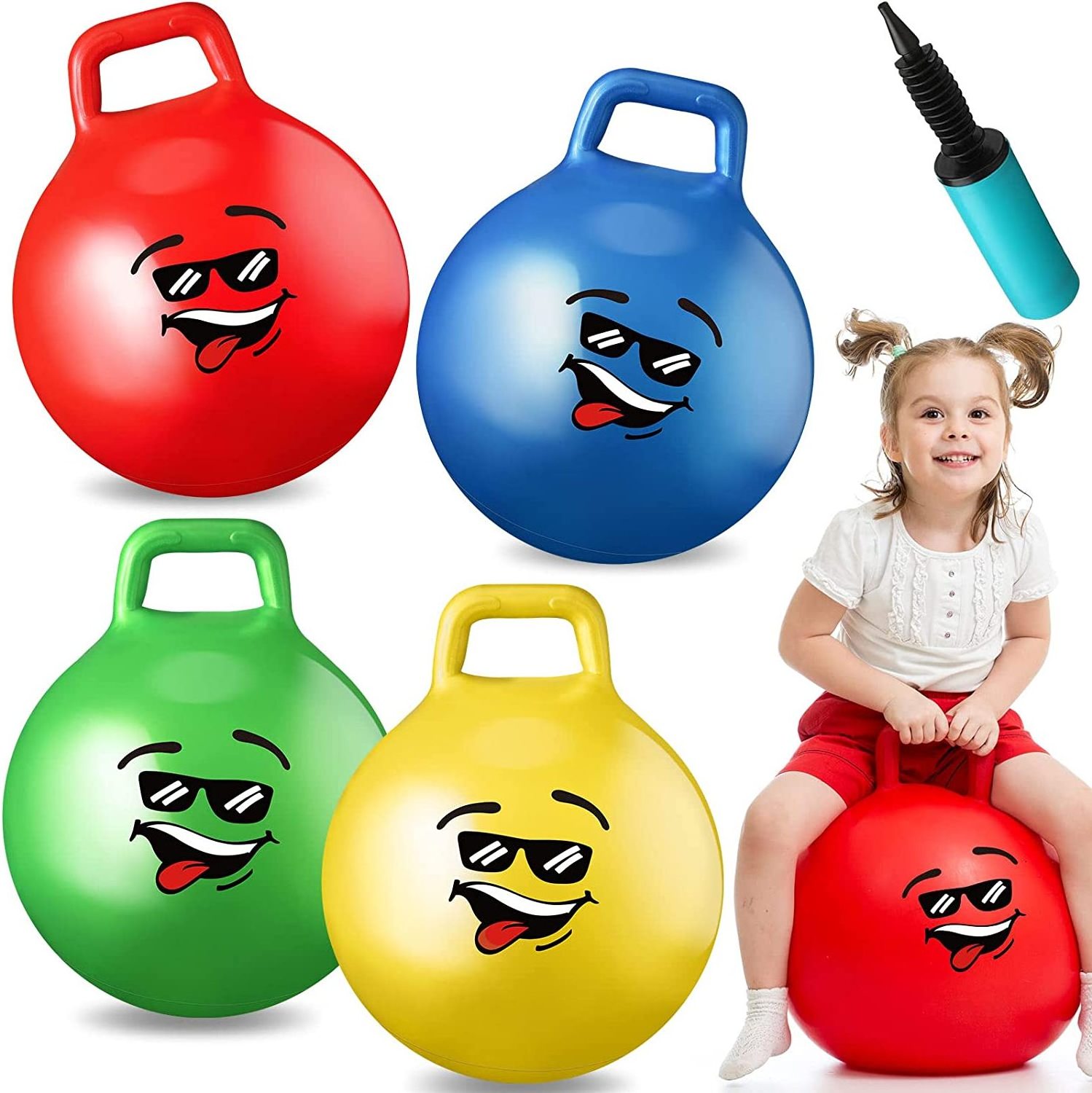 4 Pcs Bouncing Ball for Kids, 15 Inch Inflatable Jumping Ball Rubber Hippity Hop Bouncy Ball with Handle Sit