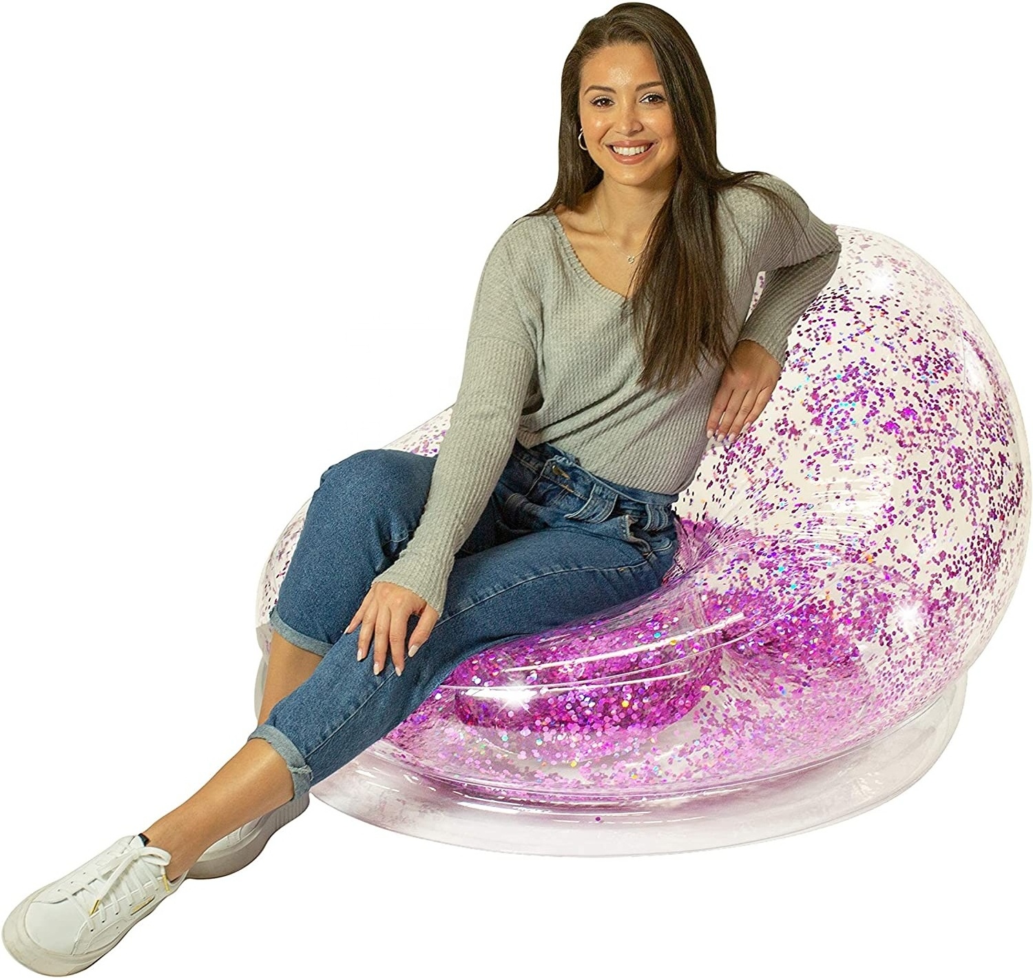 Pink Glitter Confetti Chairs Inflatable Lounge Chair for Kids Adults Comfortable & Portable Blow Up Chair Sofa for Bedroom