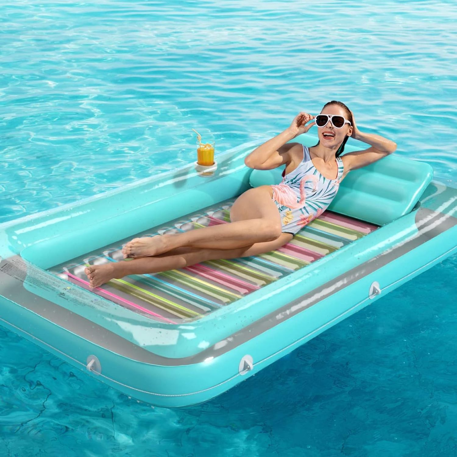 Inflatable Tanning Pool Lounger Float 4 in 1 Sun Tan Tub Sunbathing Pool Lounge Raft Floats Toys Water Filled Bed Mat Pad