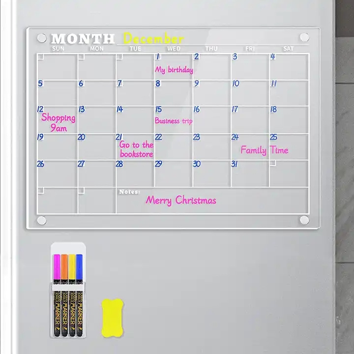 Clear Transparent Custom Clear Dry Erase Acrylic Magnetic Dry Erase Board and calendar  with Markers for Fridge