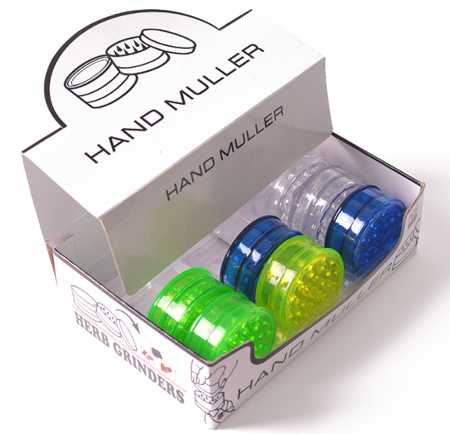 12pcs/box hand muller dry herb flower grinder with display box yellow white green mixed color 60*27mm grinding tool