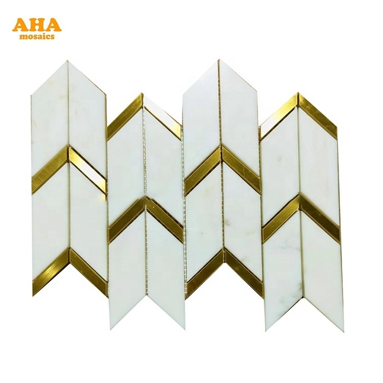 Hot Sale Metal Brass Insert White Marble Herringbone Pattern Waterjet Tile Marble Mosaic For Backsplash