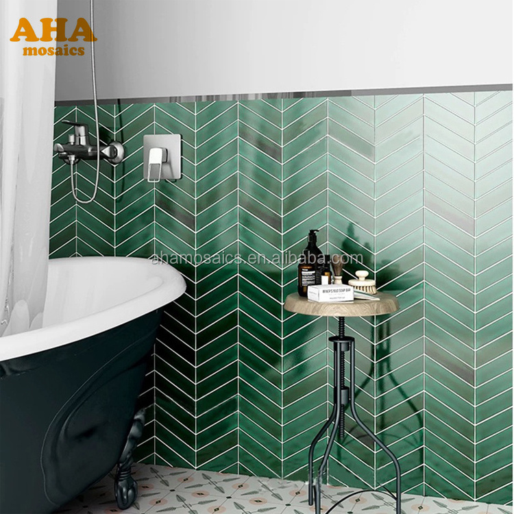 52x180mm High Glossy Green Herringbone Floor Decor Green fishbone Irregular Ceramic Mosaic Tile