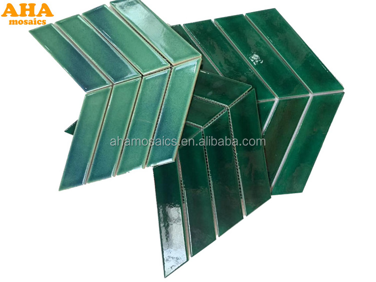 52x180mm High Glossy Green Herringbone Floor Decor Green fishbone Irregular Ceramic Mosaic Tile