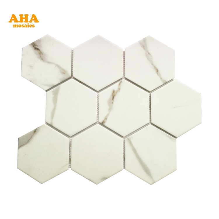 Wholesale 3d Hexagon Tile Backsplash Peel And Stick Wall Stickers Ceramic White Marble Pattern Mosaic