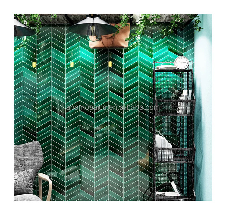 52x180mm High Glossy Green Herringbone Floor Decor Green fishbone Irregular Ceramic Mosaic Tile