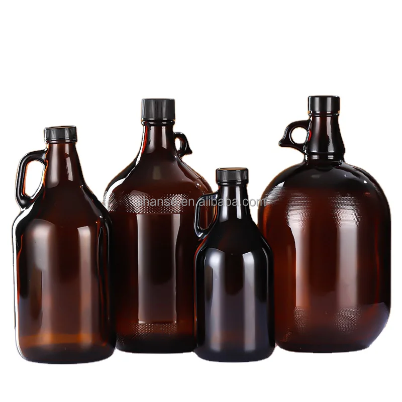 1 Gallon Amber Glass Handleware Jug with 38-400 Black Metal Continuous Thread Lined Closure plastic Liner