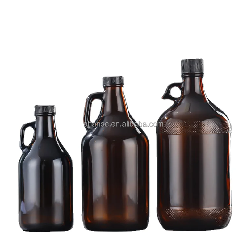 1 Gallon Amber Glass Handleware Jug with 38-400 Black Metal Continuous Thread Lined Closure plastic Liner