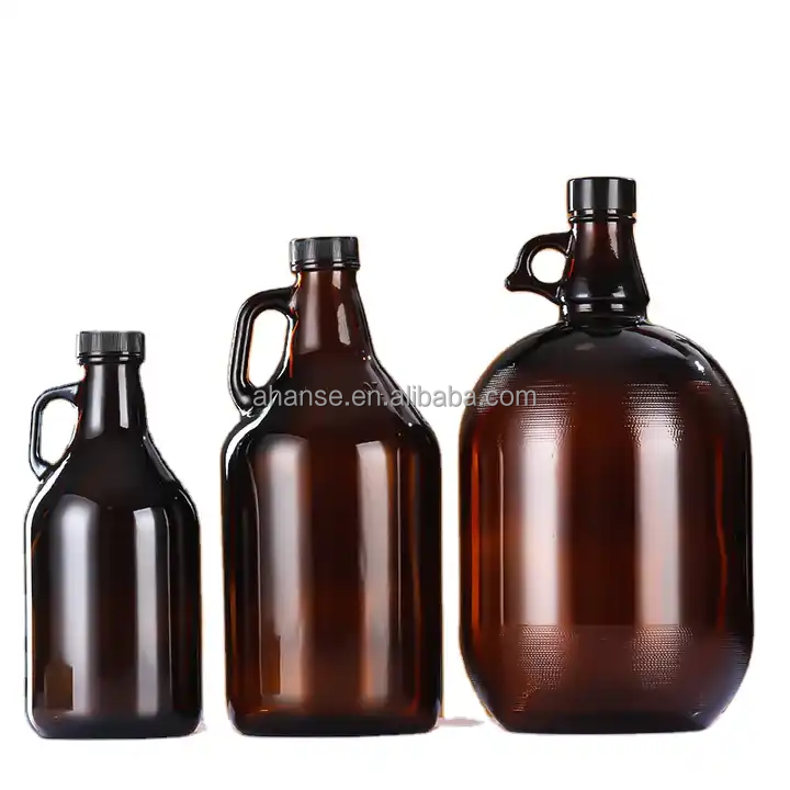 1 Gallon Amber Glass Handleware Jug with 38-400 Black Metal Continuous Thread Lined Closure plastic Liner