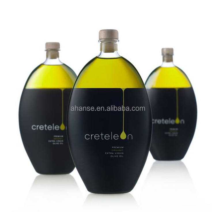 In stock 250ml 500ml 8oz 16oz flat unique food grade glass Organic extra virgin olive oil bottle with cork and custom print