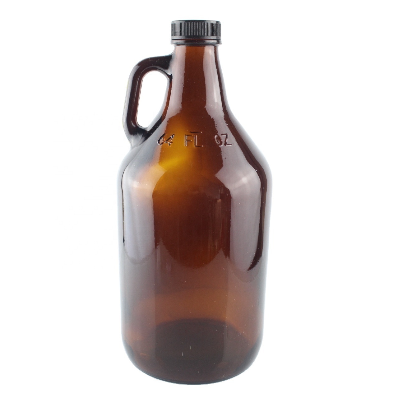 1 Gallon Amber Glass Handleware Jug with 38-400 Black Metal Continuous Thread Lined Closure plastic Liner