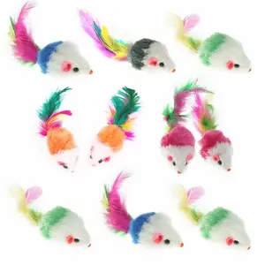 Colorful Pet Cat Teaser Mouse Toys Interactive Plush Mouse Toys with Long Feather Wand Pet Cat Toys