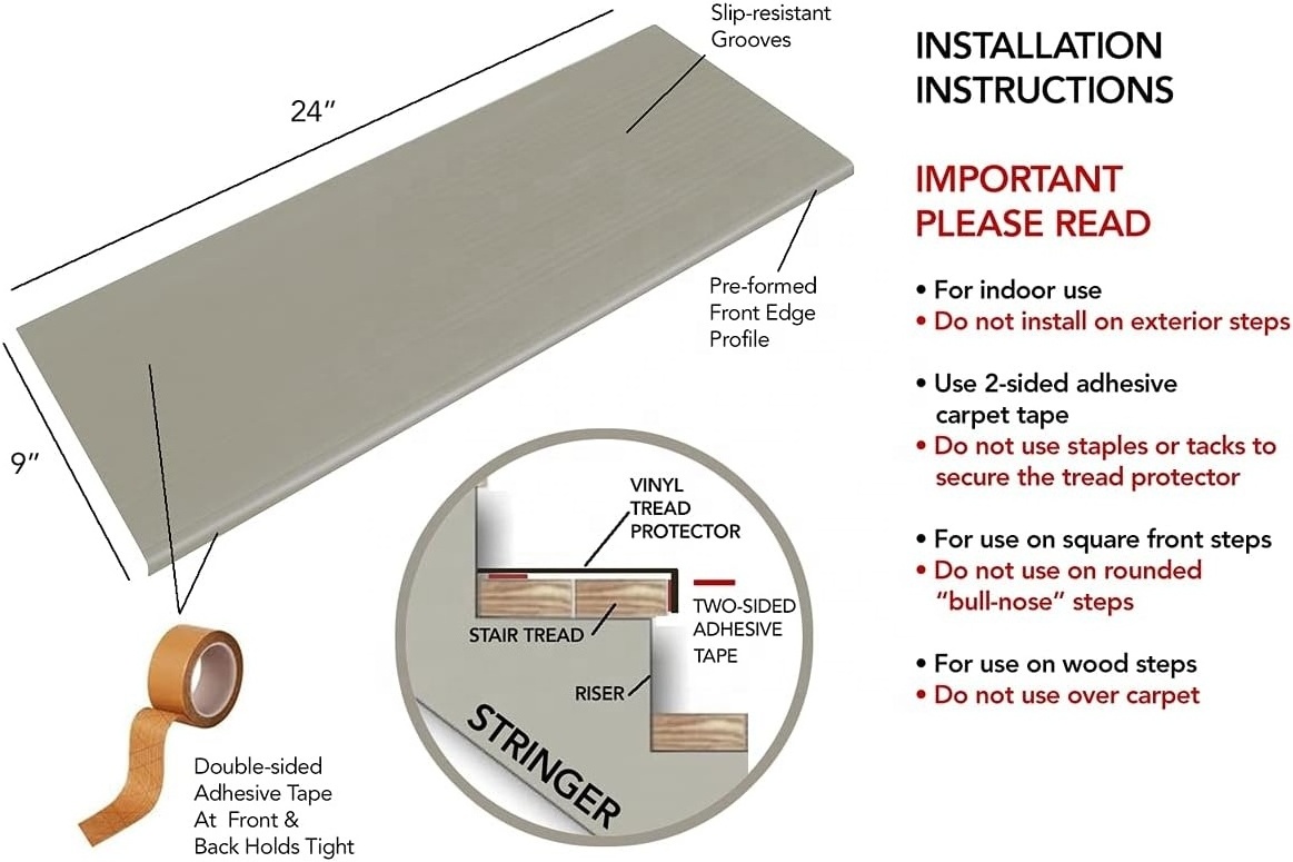 Indoor Vinyl Stair Tread Mat - Slip-Resistant Runner for Square Steps, Grips Tile, Wood, Concrete, Laminate, Floor Protector