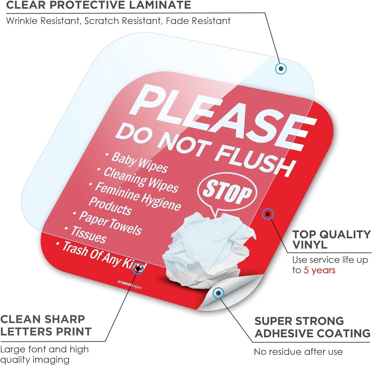 Securun 2024 Premium Please Do Not Flush Sign 6 x 6 In Please Do Not Flush Anything Except Toilet Paper Sign Self Adhesive Decal