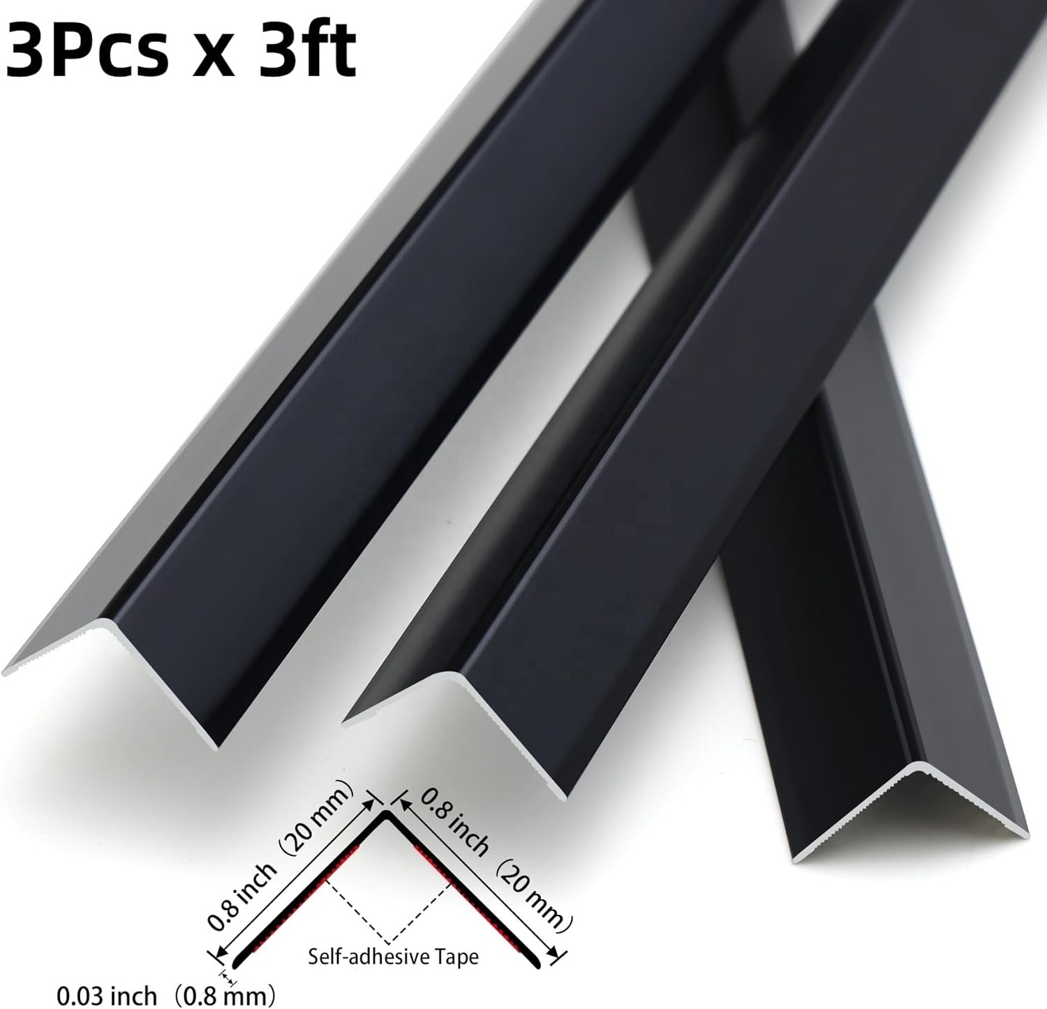 Aluminum L Molding Corner Guards, Peel and Stick Trim for Wall Protection, Door Frame,Tile Edge (3Pcs x 3ft x 0.8in, Black)