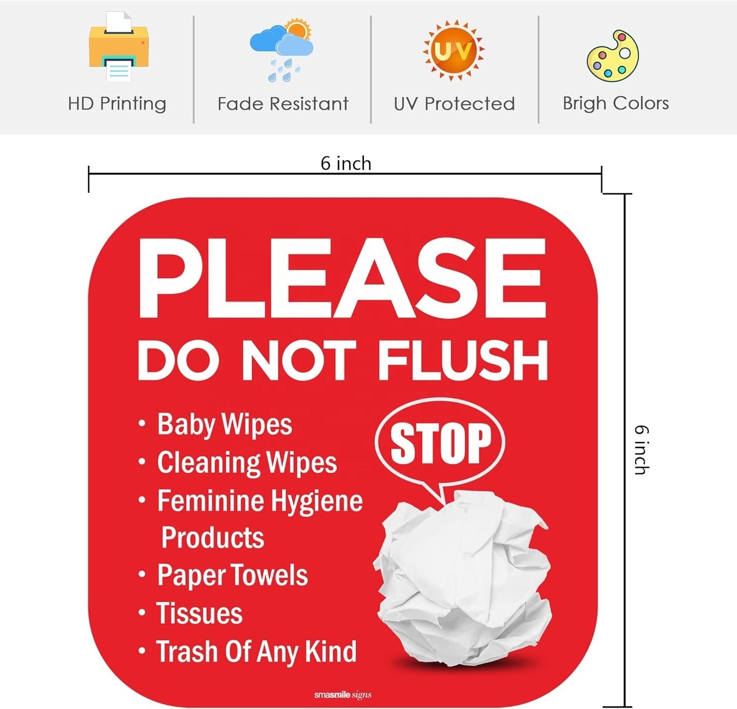 Securun 2024 Premium Please Do Not Flush Sign 6 x 6 In Please Do Not Flush Anything Except Toilet Paper Sign Self Adhesive Decal