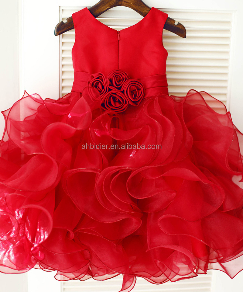 Red Satin Ruffle Organza Wedding Flower Girl Dress TUTU Princess Birthday Party Dress Kid Toddler Baby Girl Dress