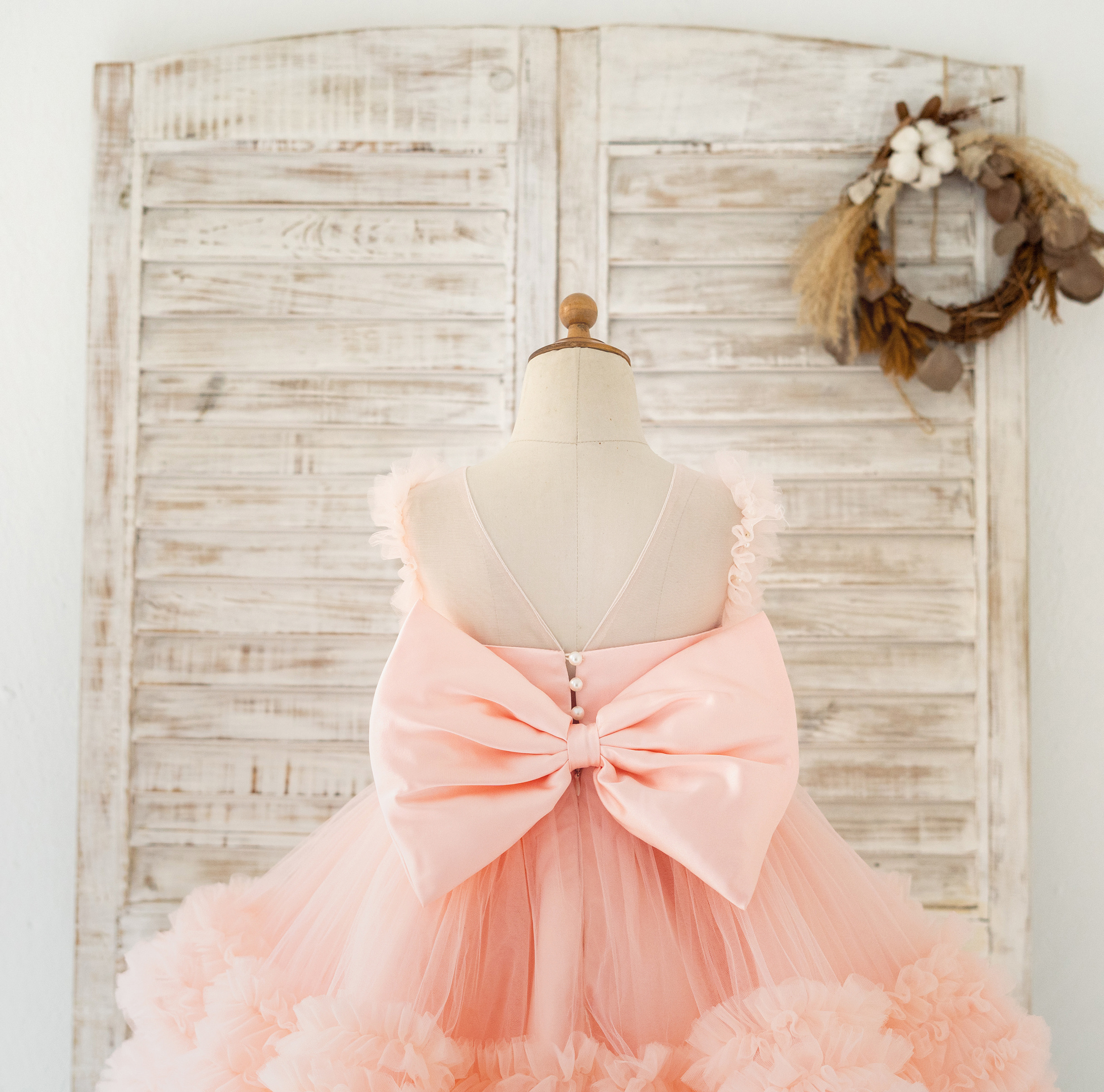 Pearl Beaded Blush Pink Ruffle Tulle Wedding Flower Girl Dress Kids Party Dress Birthday Dress