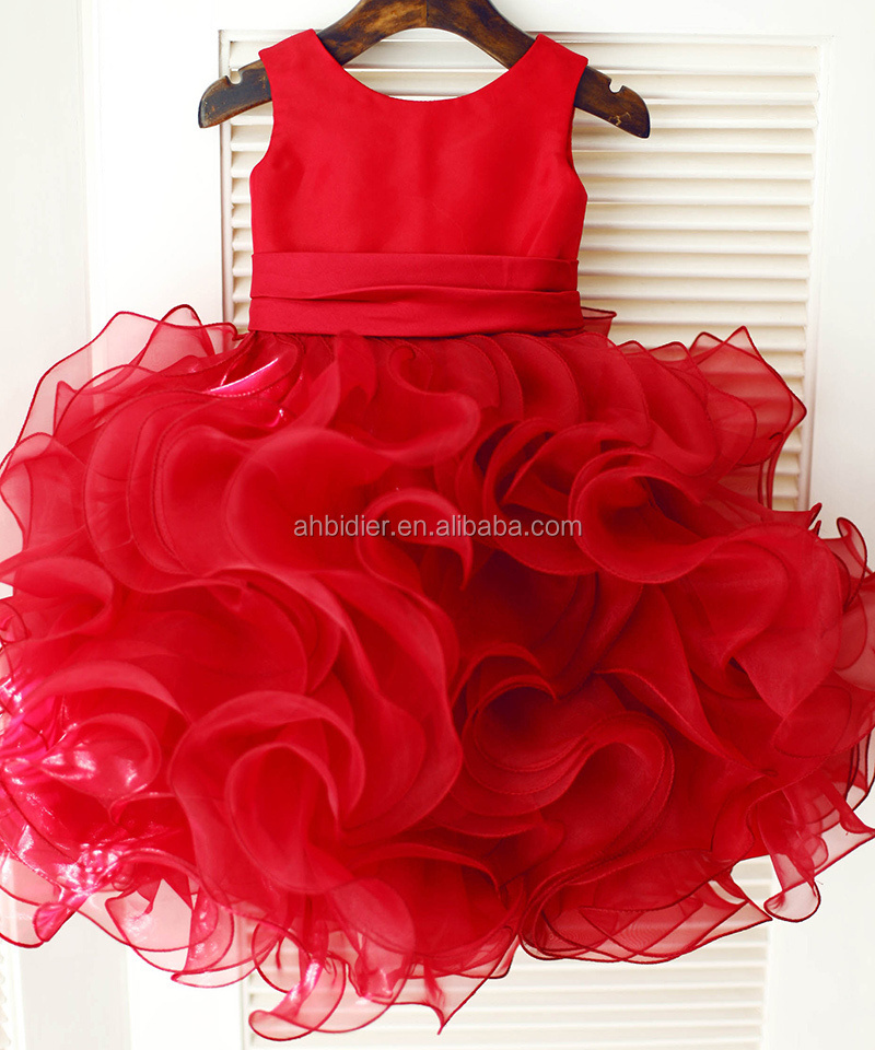 Red Satin Ruffle Organza Wedding Flower Girl Dress TUTU Princess Birthday Party Dress Kid Toddler Baby Girl Dress