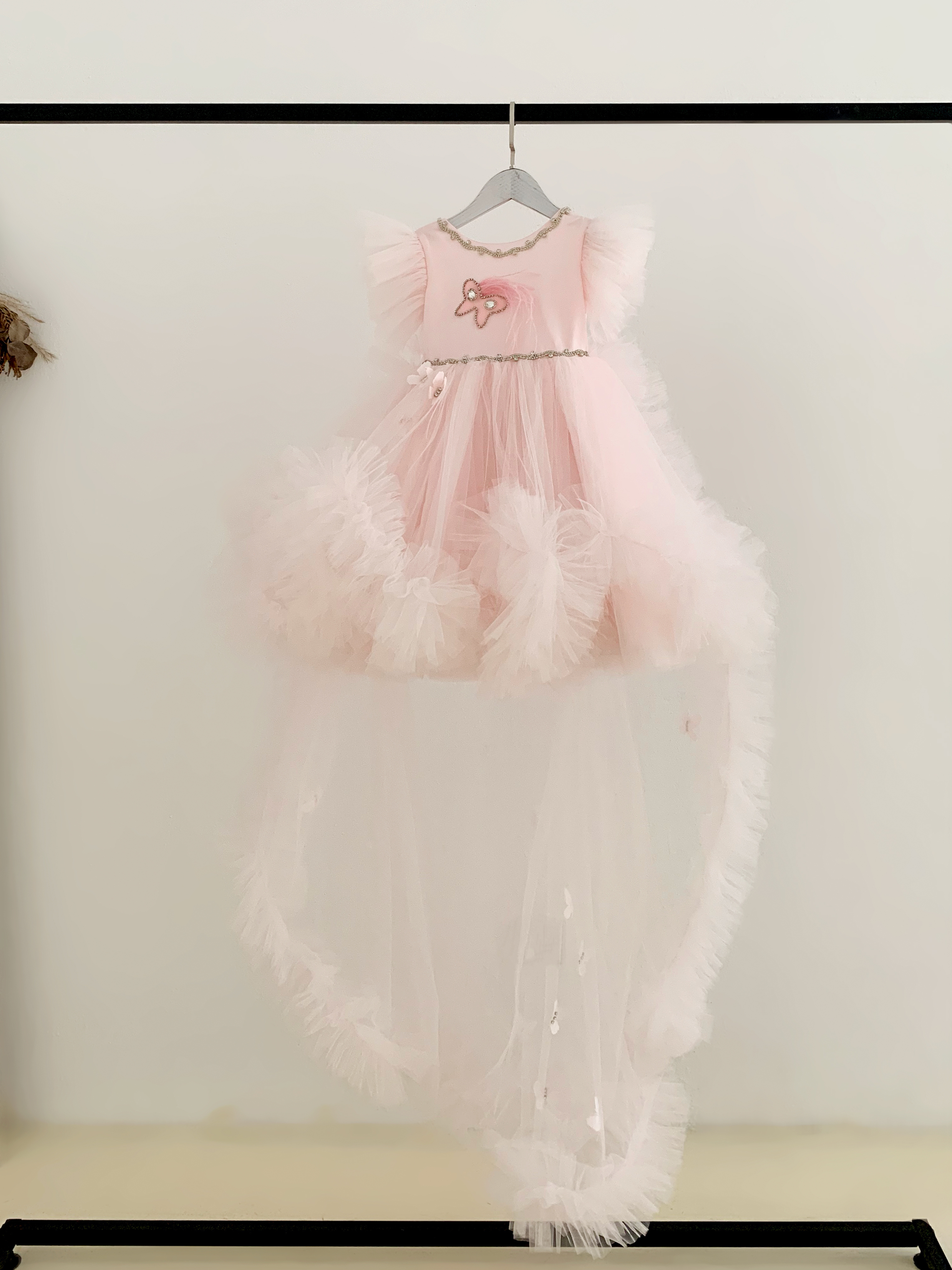 2pcs Detachable Train Butterfly Tulle Wedding Flower Girl Dress Princess Birthday Party Dress Kids Formal Dress