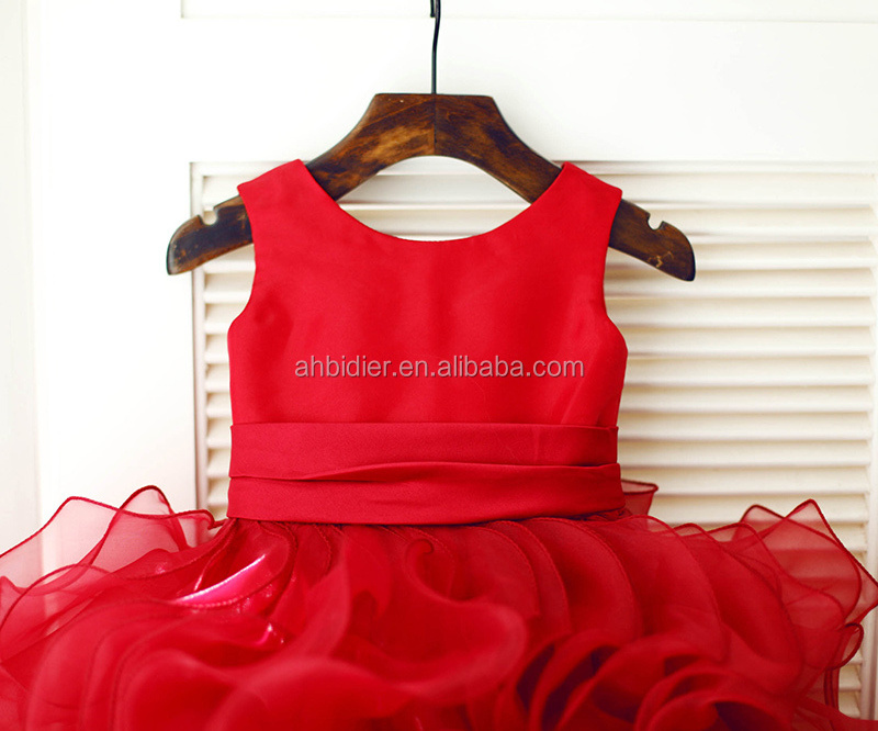 Red Satin Ruffle Organza Wedding Flower Girl Dress TUTU Princess Birthday Party Dress Kid Toddler Baby Girl Dress