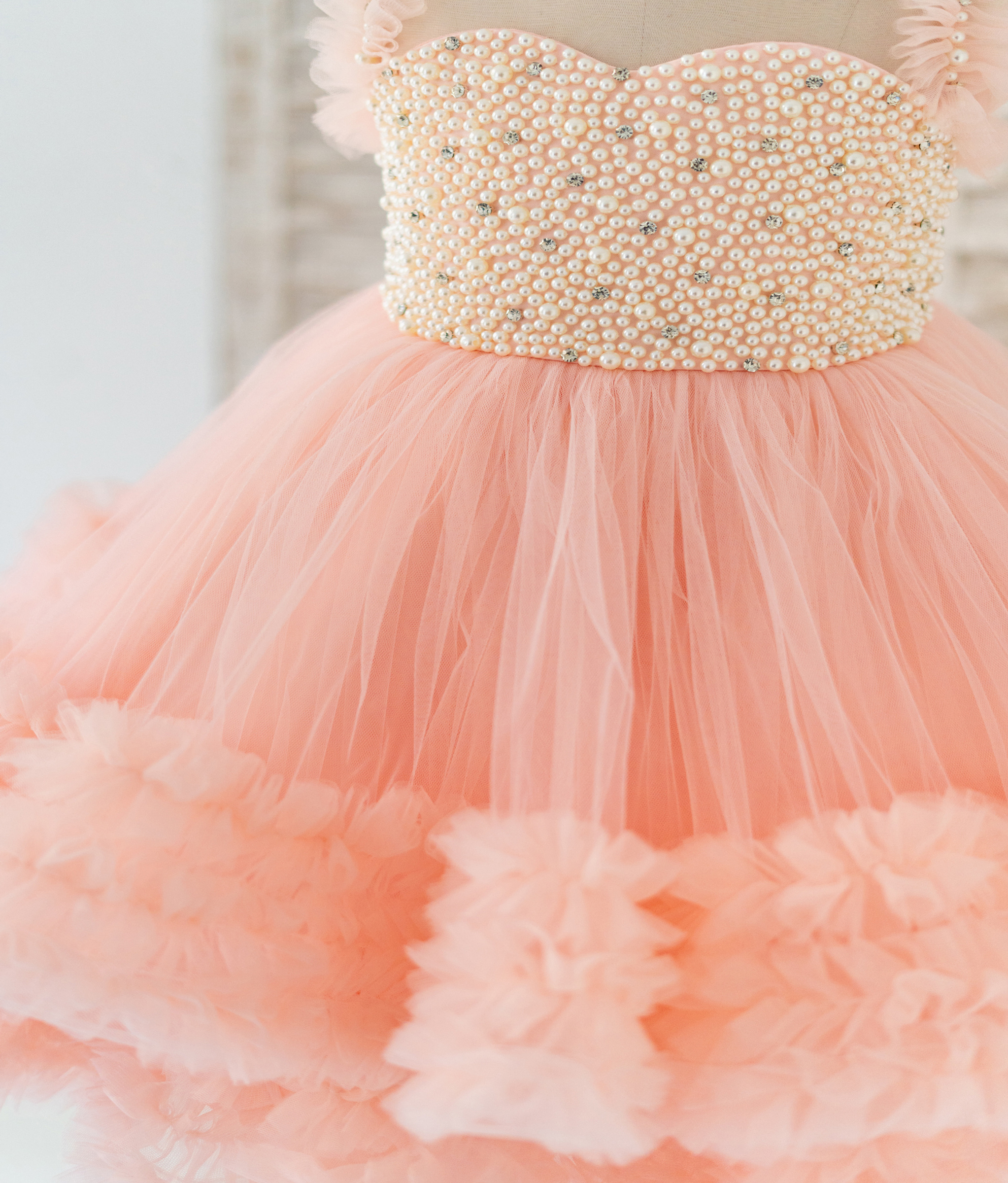 Pearl Beaded Blush Pink Ruffle Tulle Wedding Flower Girl Dress Kids Party Dress Birthday Dress