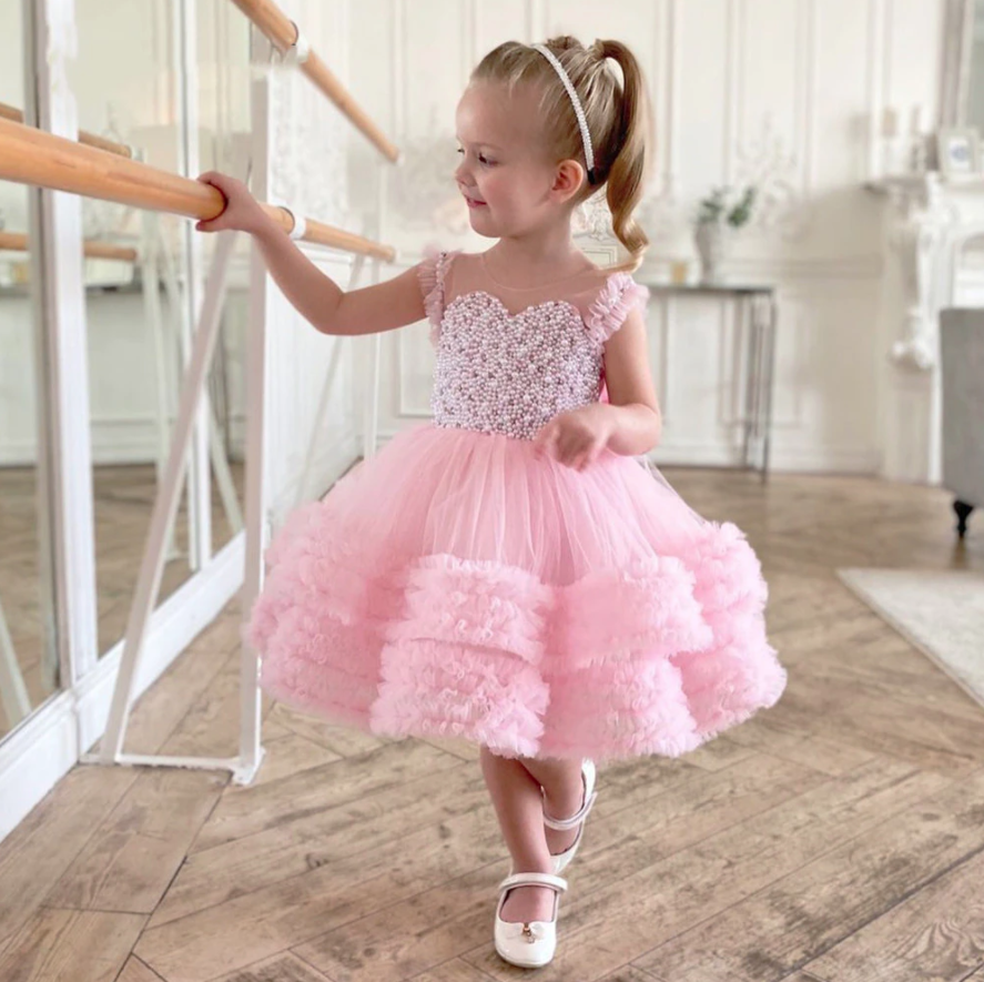 Pearl Beaded Blush Pink Ruffle Tulle Wedding Flower Girl Dress Kids Party Dress Birthday Dress