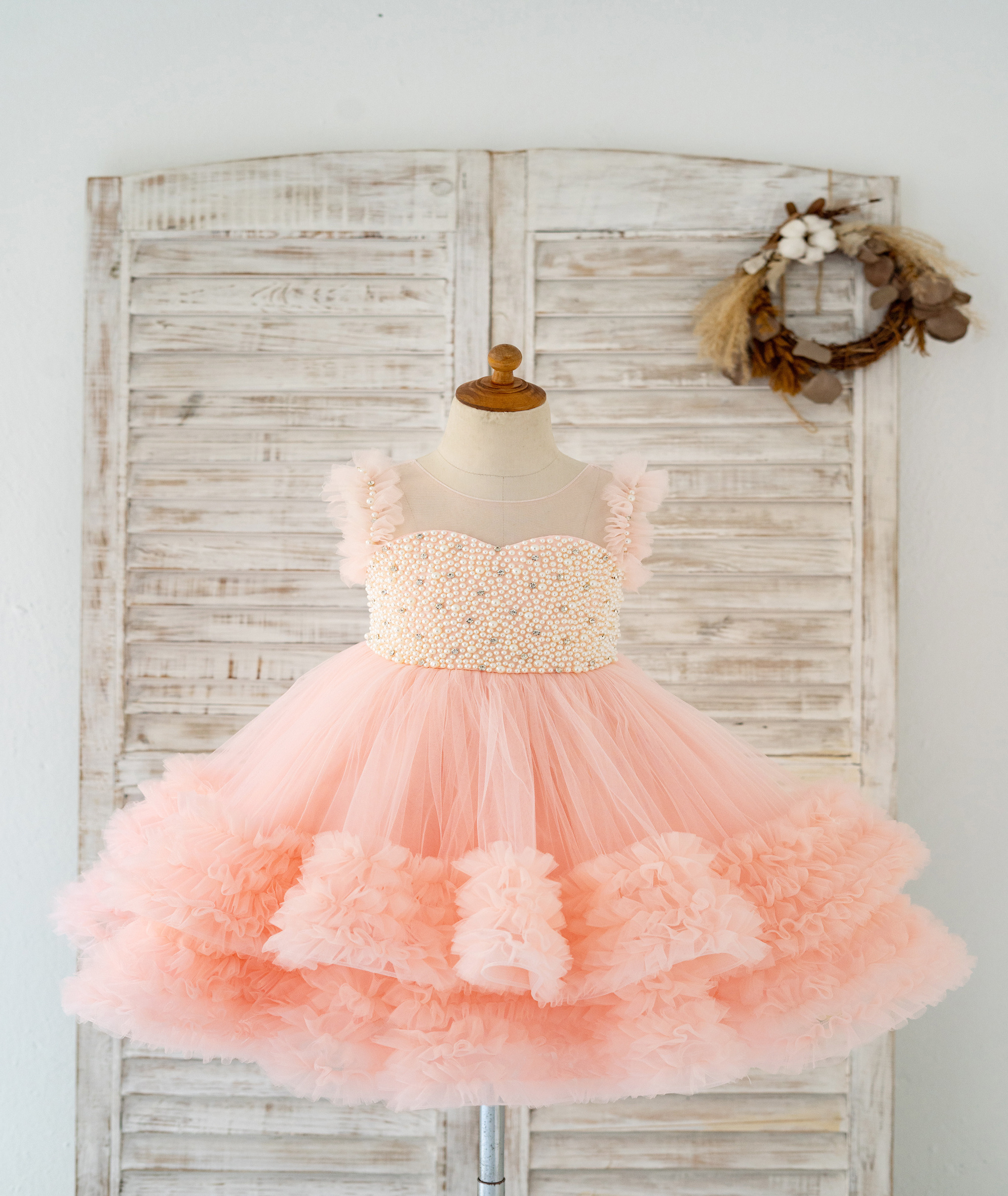 Pearl Beaded Blush Pink Ruffle Tulle Wedding Flower Girl Dress Kids Party Dress Birthday Dress