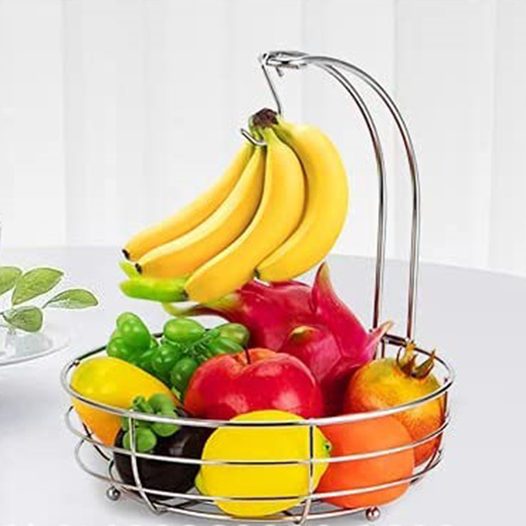 2-Tier Countertop Fruit Vegetables Basket Bowl Storage Rack With Banana Hanger Black