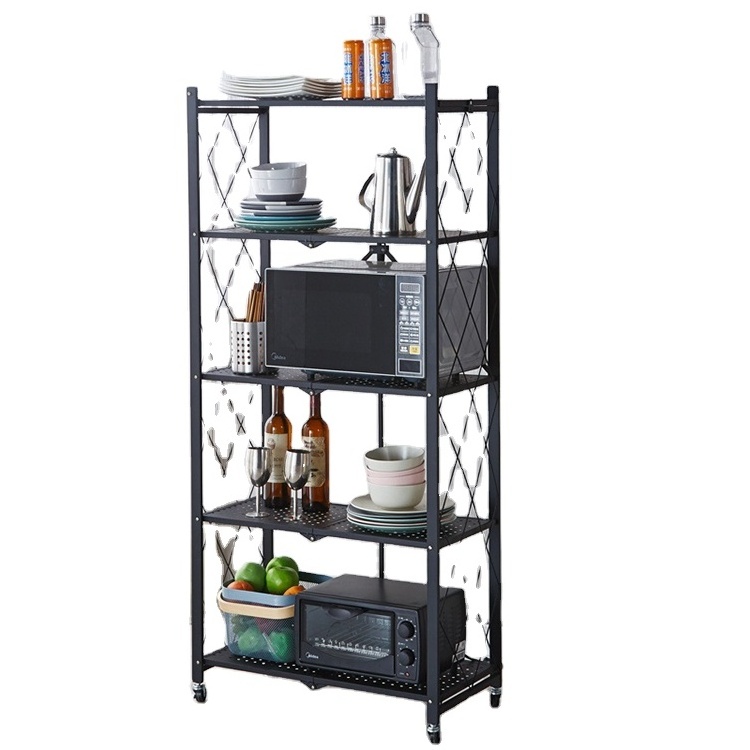 Foldable kitchen metal display book rack shelf with wheels kitchen organizer shelf rack