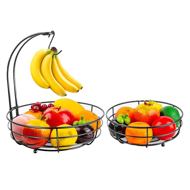 2-Tier Countertop Fruit Vegetables Basket Bowl Storage Rack With Banana Hanger Black