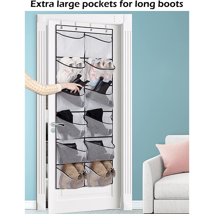 Extra large rack fabric shoes organizer transparent foldable hanging bag over the door 12 pockets mesh storage bag of clothes