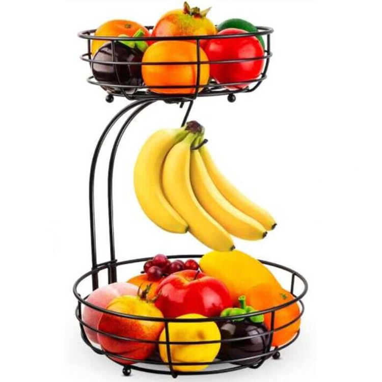 2-Tier Countertop Fruit Vegetables Basket Bowl Storage Rack With Banana Hanger Black