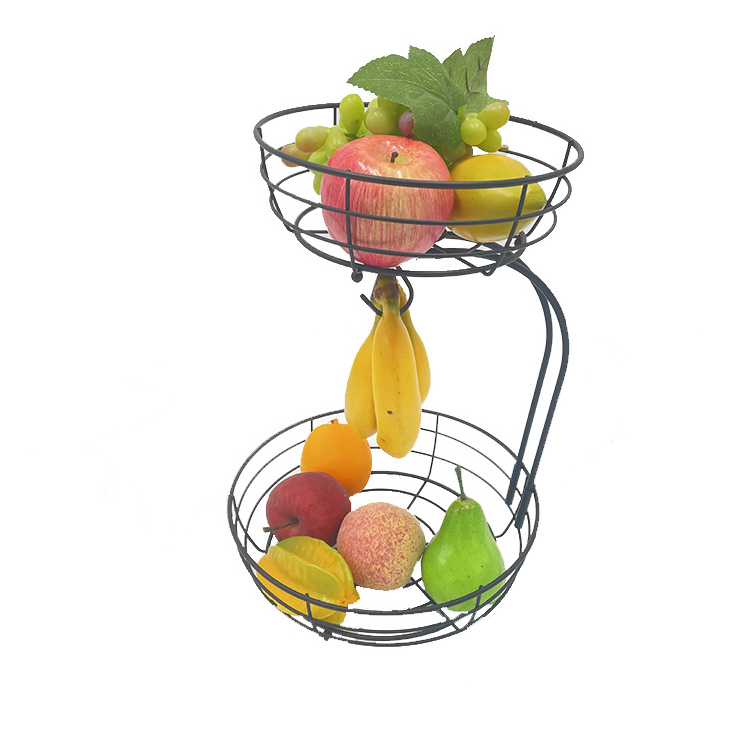 2-Tier Countertop Fruit Vegetables Basket Bowl Storage Rack With Banana Hanger Black