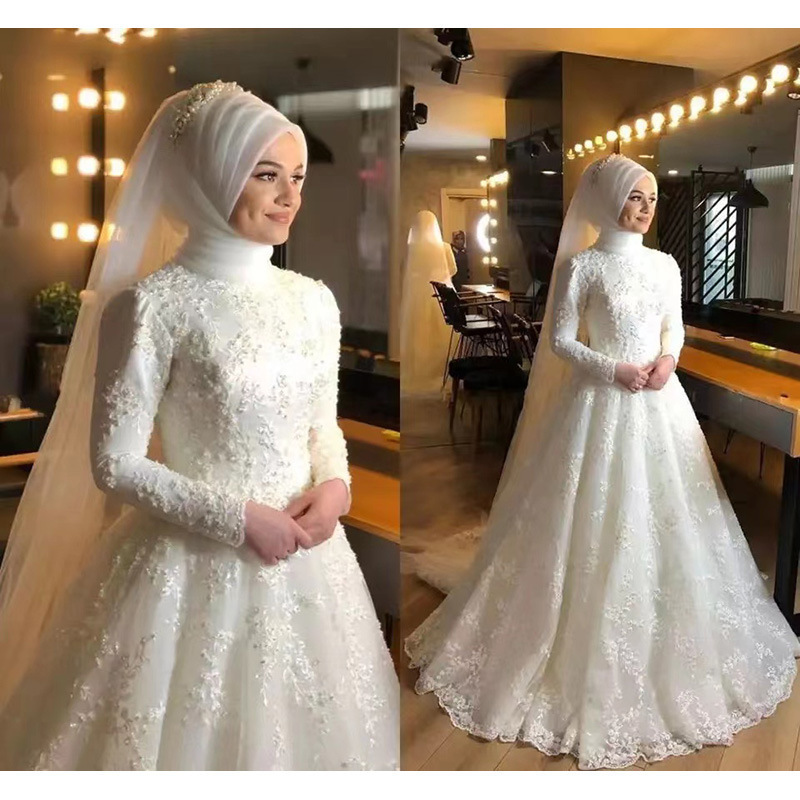 Wholesale Cheap White Muslim Wedding Dress with hijab Long Sleeve Beaded Dresses for Wedding Party Muslim High Collar Dress