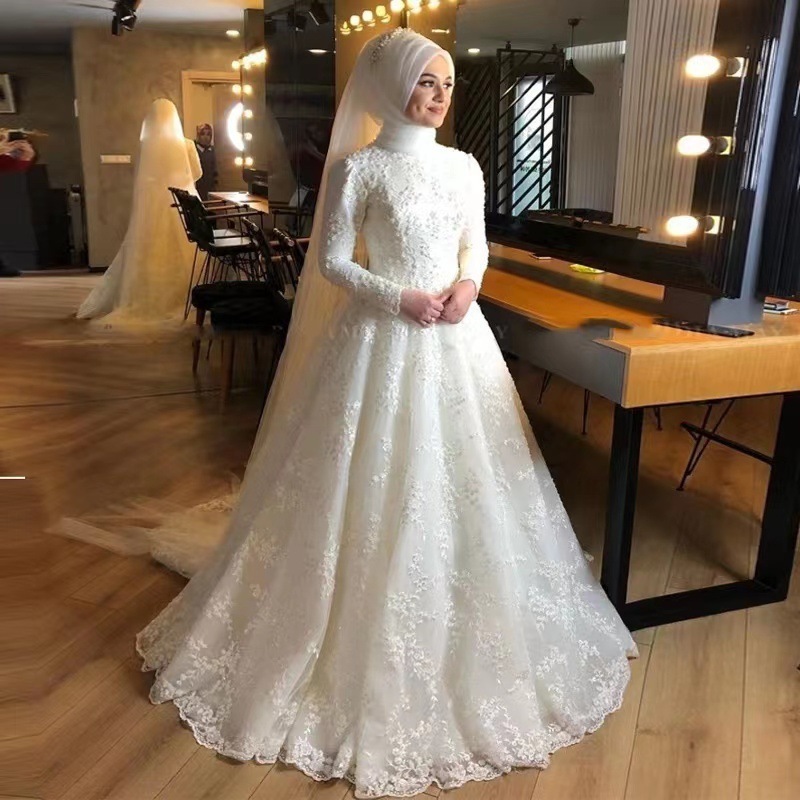 Wholesale Cheap White Muslim Wedding Dress with hijab Long Sleeve Beaded Dresses for Wedding Party Muslim High Collar Dress