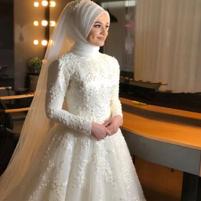 Wholesale Cheap White Muslim Wedding Dress with hijab Long Sleeve Beaded Dresses for Wedding Party Muslim High Collar Dress