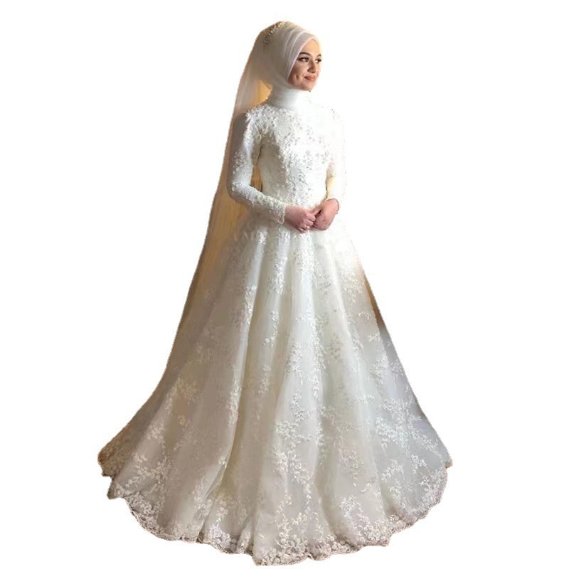 Wholesale Cheap White Muslim Wedding Dress with hijab Long Sleeve Beaded Dresses for Wedding Party Muslim High Collar Dress