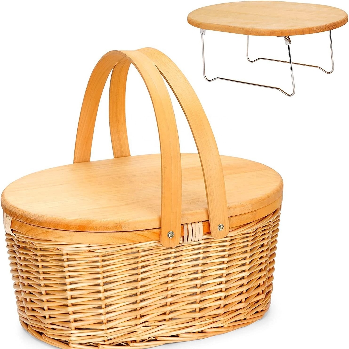 Wicker Picnic Basket Cooler with Portable Picnic Wine Table & Swing Handles for Beach, Camping, Park, Outdoor Party