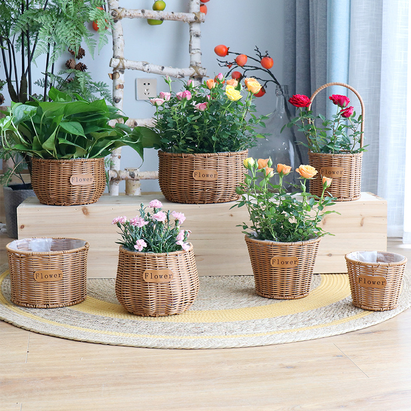 Woven Flower Pot, Handmade Round Carrying Basket Flower Arrangement Basket Balcony Outdoor Basket Decorative Flower Vessel