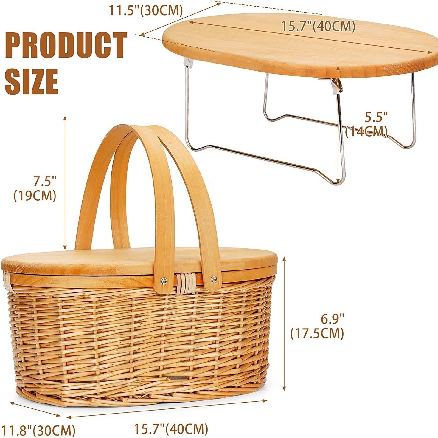 Wicker Picnic Basket Cooler with Portable Picnic Wine Table & Swing Handles for Beach, Camping, Park, Outdoor Party