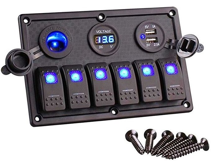 DC 24V Waterproof Dual USB charger Power Socket Marine Boat Rocker 6 gang switch panel