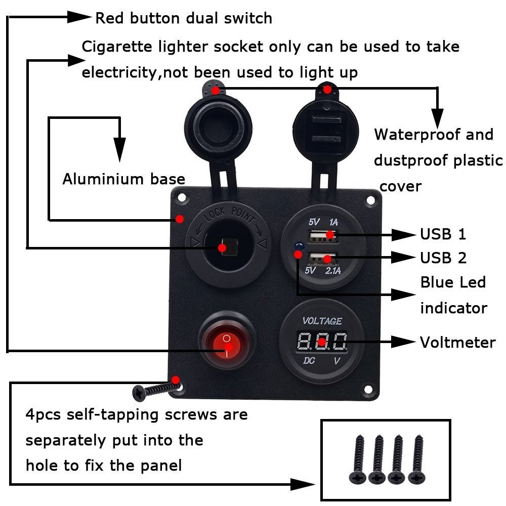 12V ON-OFF Button Switch 3.1A Dual USB Charger Four Hole car switch panel for Marine Truck Motorcycle boat