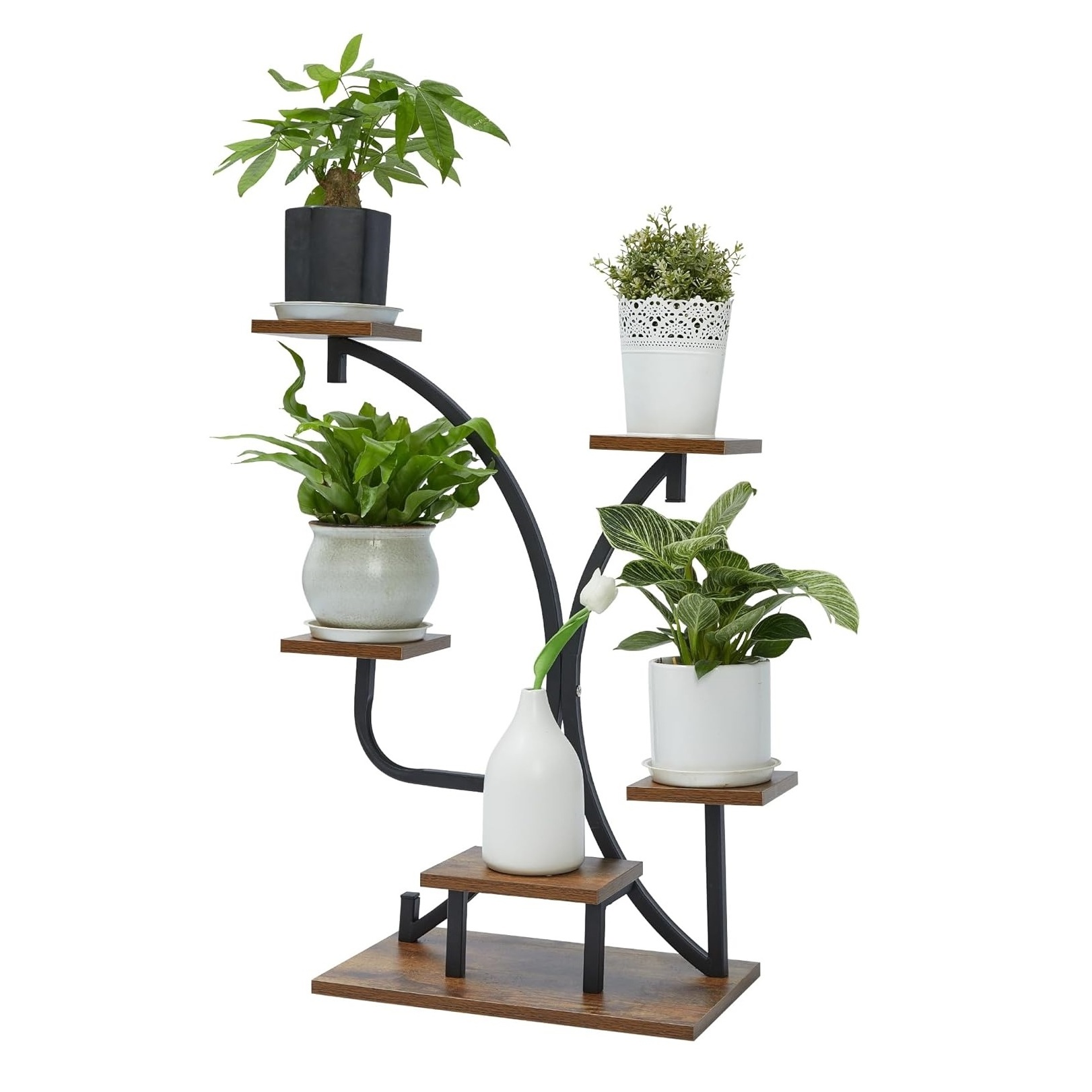 5 Tier Metal Wood Plant Planter Stand for Outdoor Flowers Display Rack ...